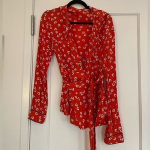 GANNI Tilden Tulip red with floral print wrap tie blouse, size 38